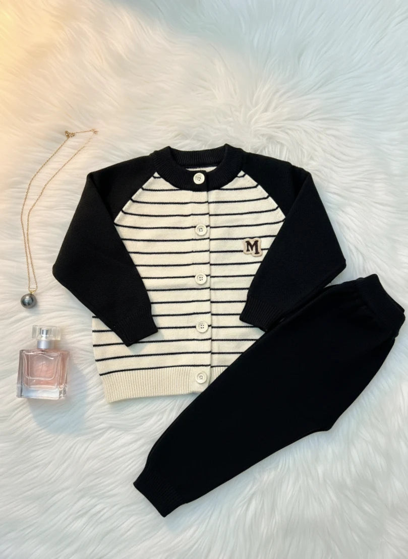 Black and Cream Monogram Wool-Blend Lounge Set