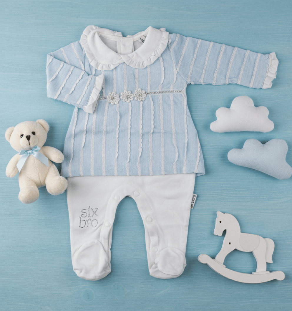 Blue & White Striped Soft Terry Cloth Baby Romper Set