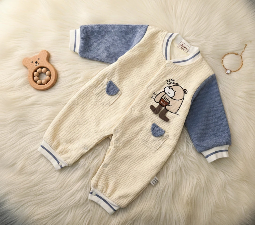 Cute Bear Beige & Blue Imported Baby Romper-Soft Wool Fabric
