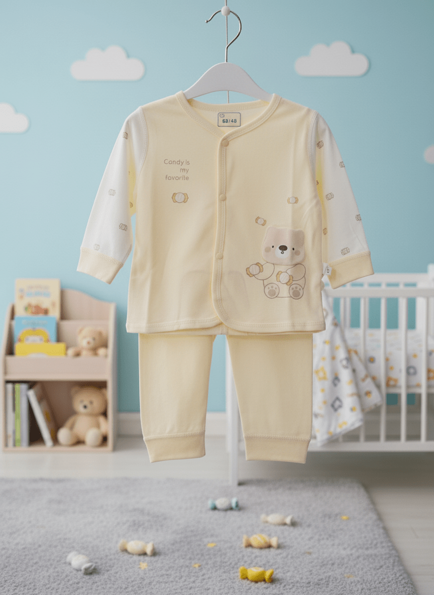 Soft Cotton Teddy Bear Pajama Set in Butter Yellow