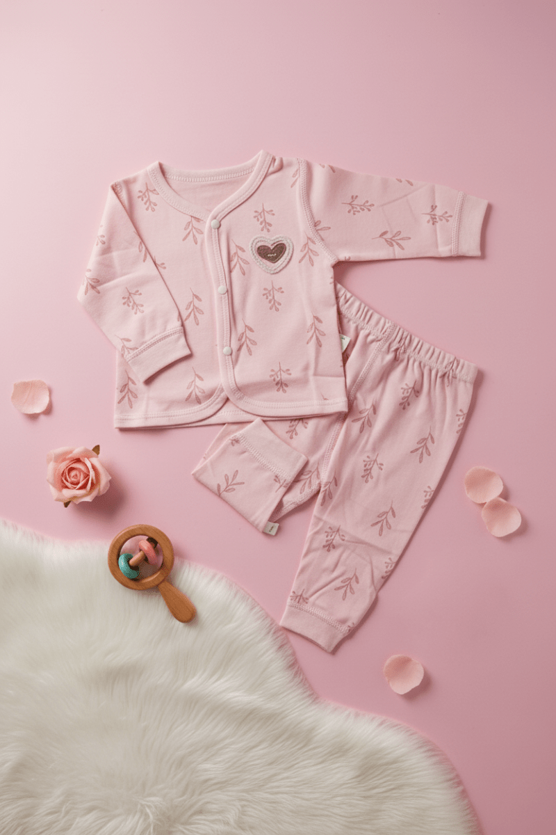 Rose Pink Leaf Print Imported Baby Set