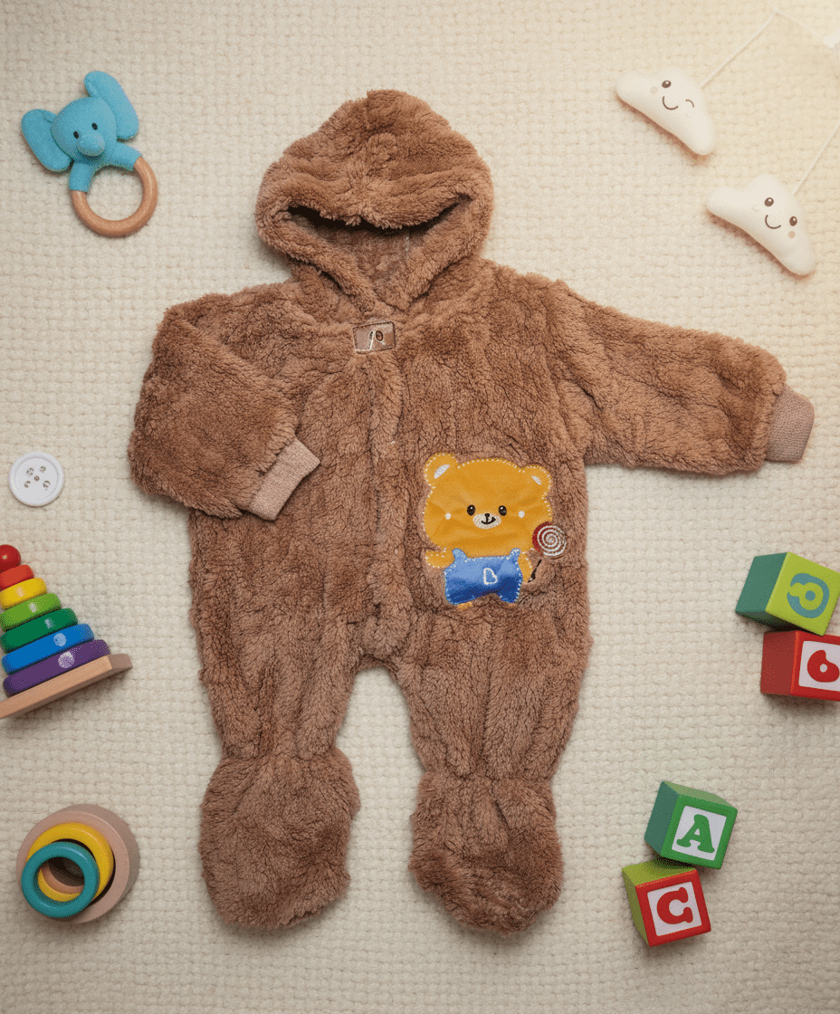 Brown Imported Fleece Baby Romper with Hood