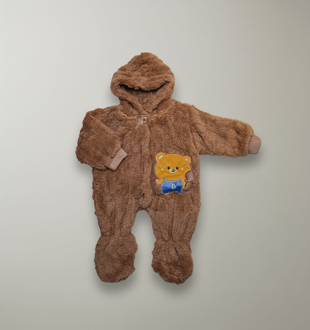 Brown Imported Fleece Baby Romper with Hood