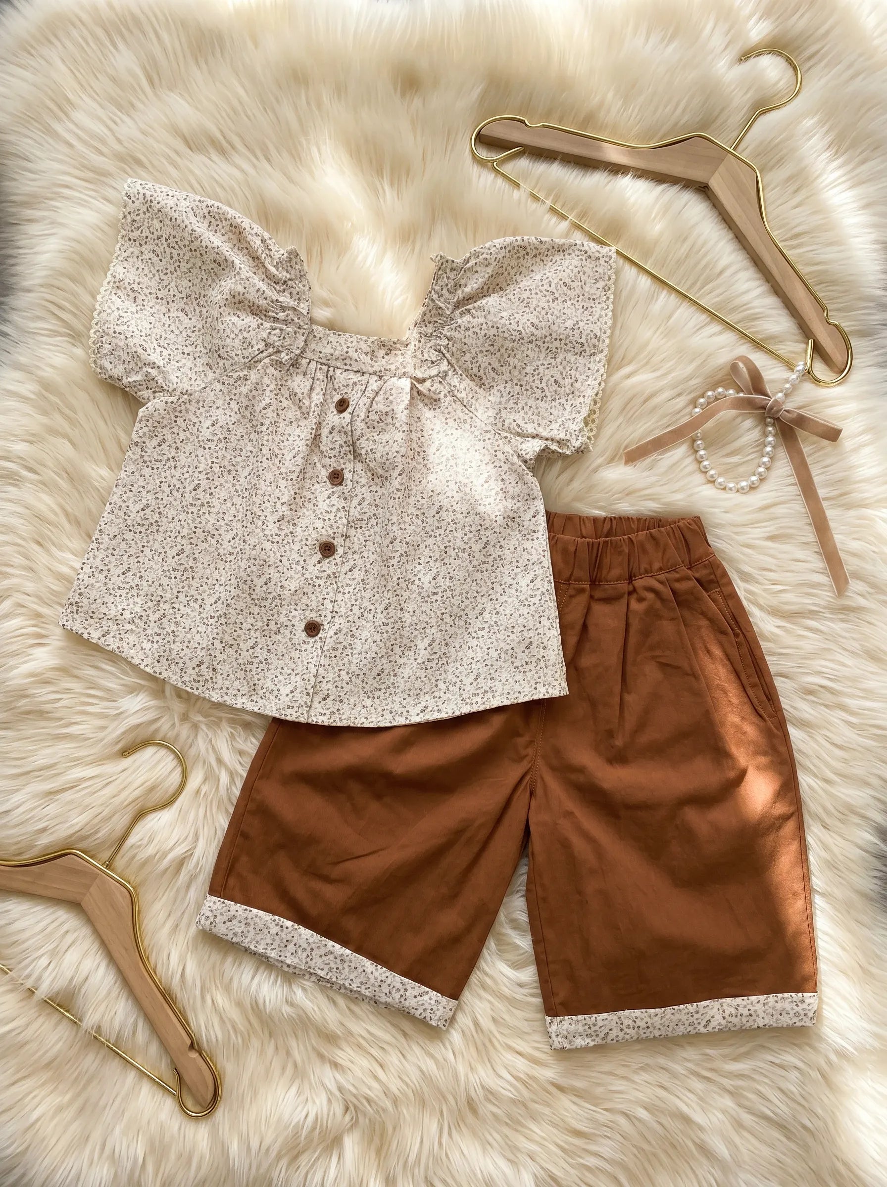 Imported Floral Button-Down Blouse & Toffee Shorts Set