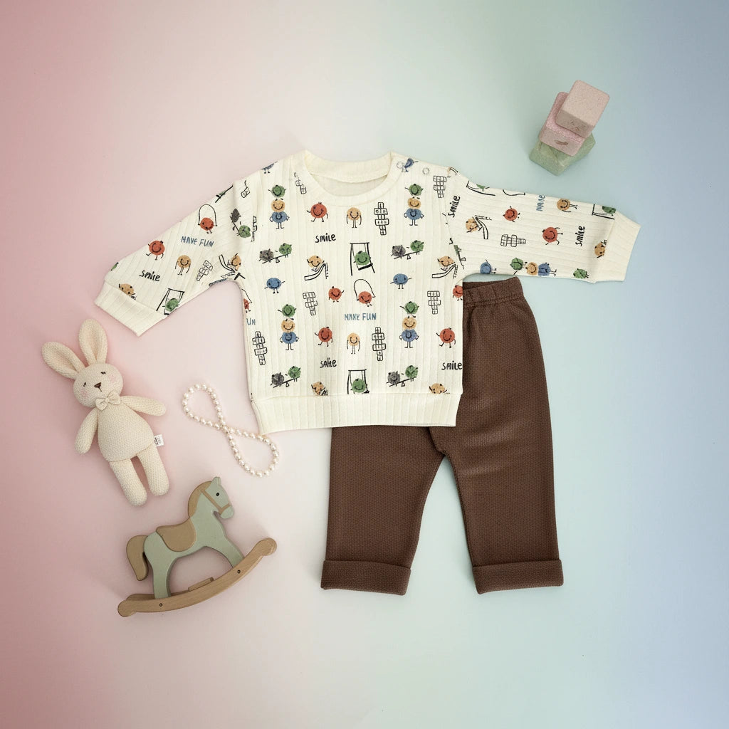 Cartoon-Printed Quilted Cotton Toddler Set in Beige & Brown