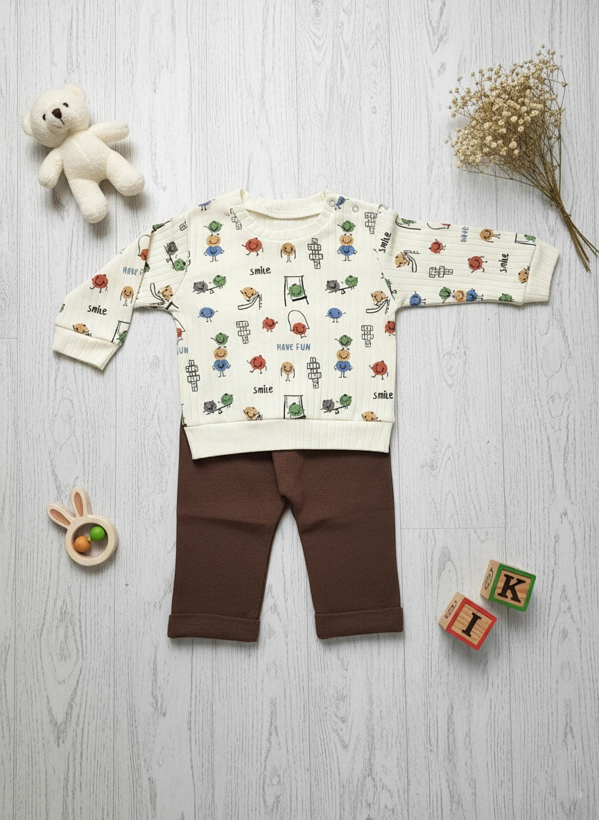 Cartoon-Printed Quilted Cotton Toddler Set in Beige & Brown