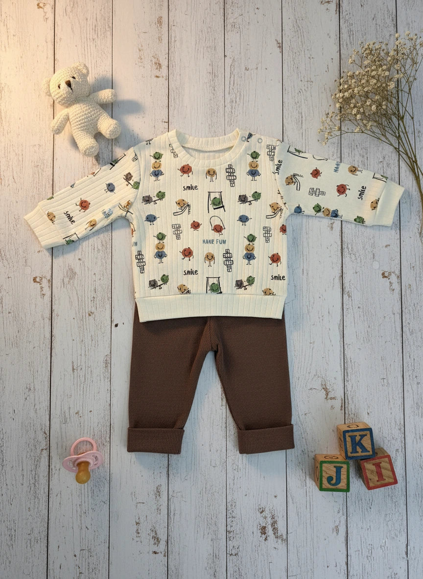 Cartoon-Printed Quilted Cotton Toddler Set in Beige & Brown