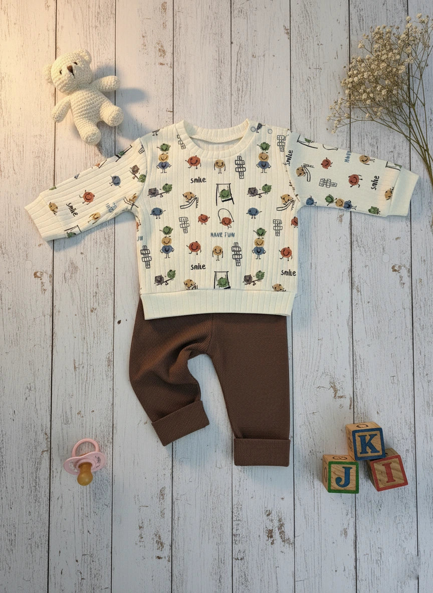 Cartoon-Printed Quilted Cotton Toddler Set in Beige & Brown