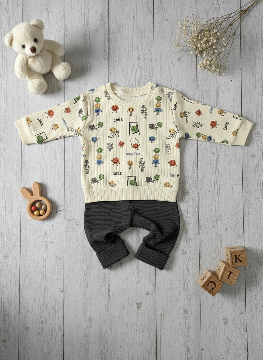 Cartoon-Printed Quilted Cotton Toddler Set in Beige & Gray