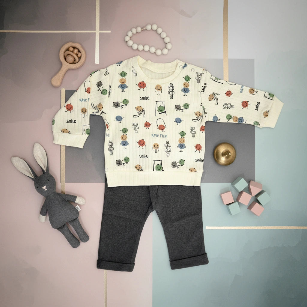 Cartoon-Printed Quilted Cotton Toddler Set in Beige & Gray