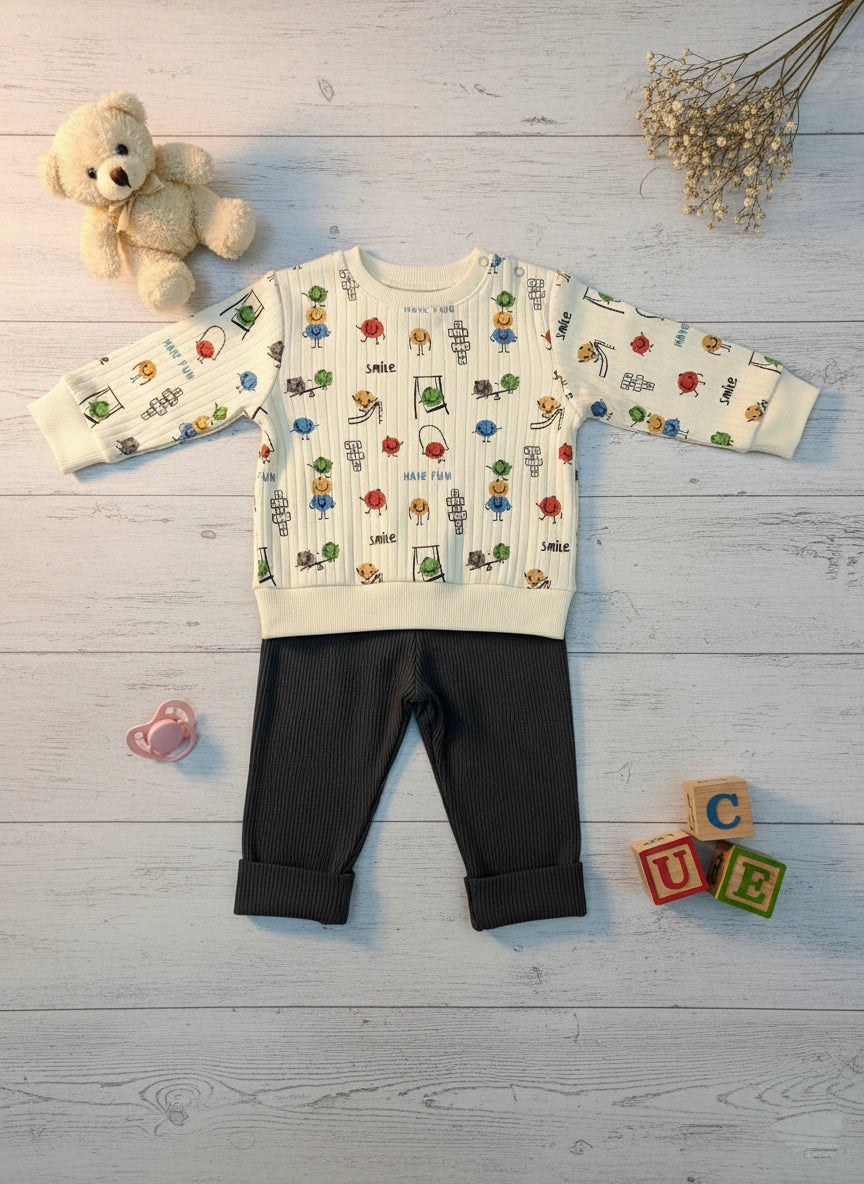 Cartoon-Printed Quilted Cotton Toddler Set in Beige & Gray