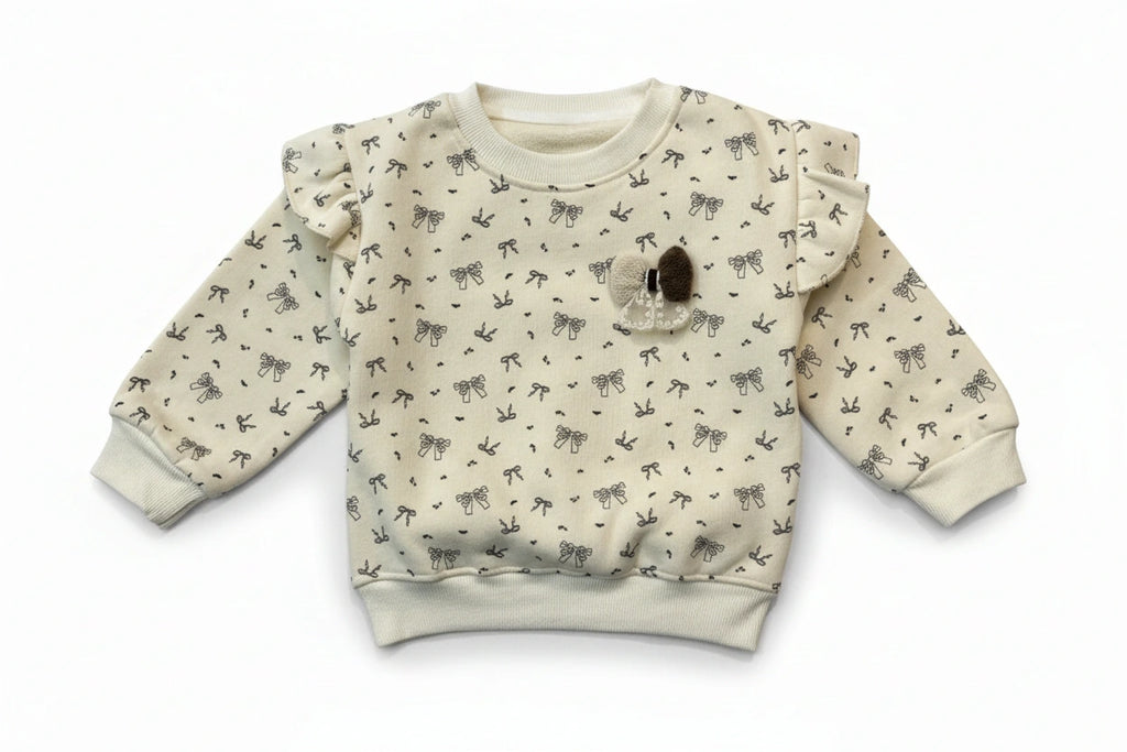 Chic Bow Print Fleece: Ruffle Shoulder Sweatshirt & Cocoa Jogger Set