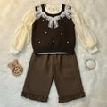 Chocolate & Cream 3-Piece Ensemble with Pearl Accents and Lace Bow Collar