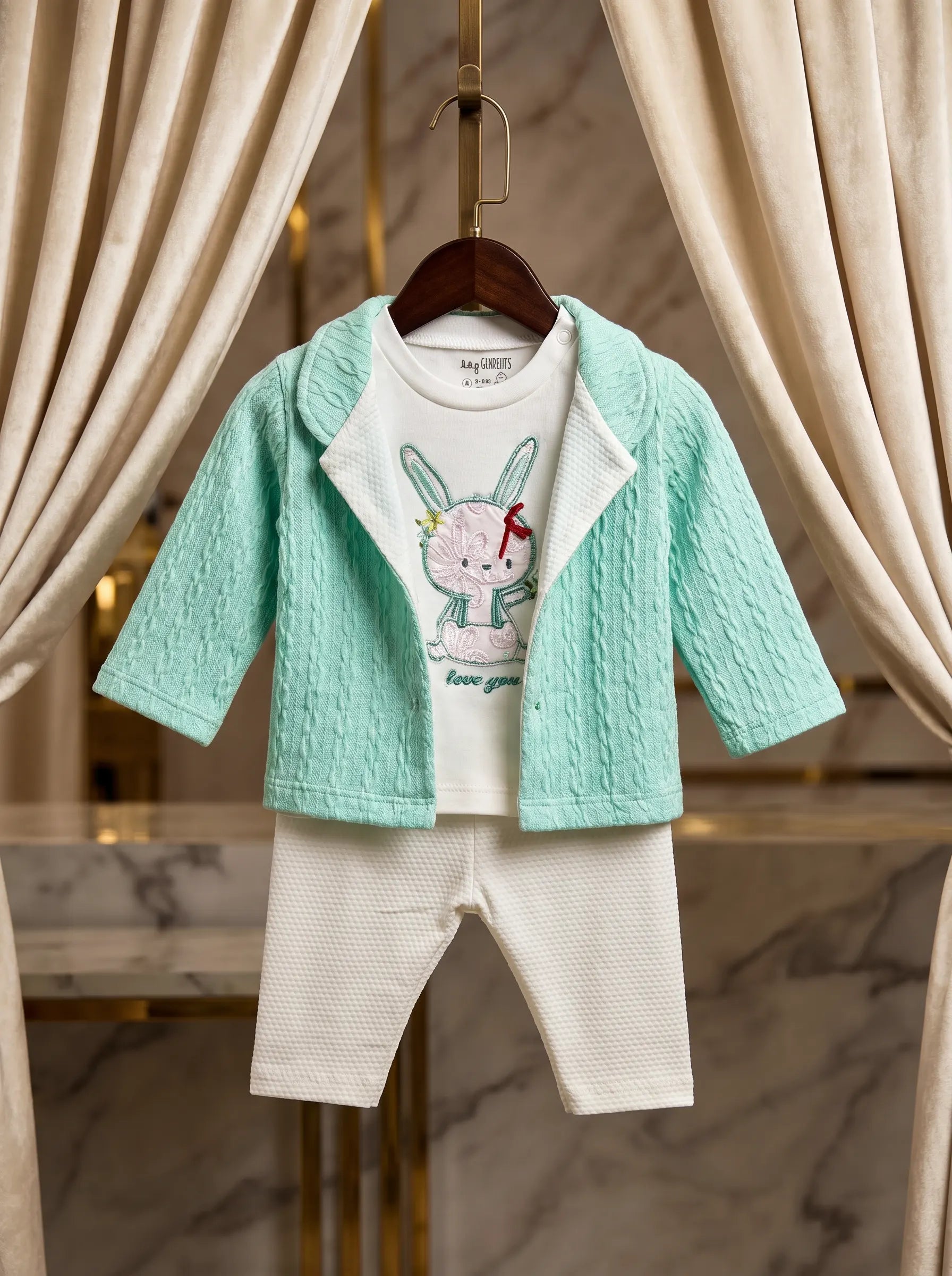 3-Piece Ultra Soft Waffle-Knit Baby Sweater Set – Aqua & White