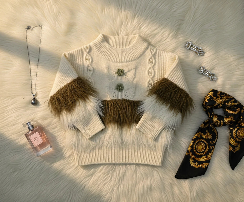 Ivory Knit Faux Fur Accent Set with Sage/Khaki Trim