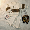 Ivory Knit Faux Fur Accent Set with Sage/Khaki Trim