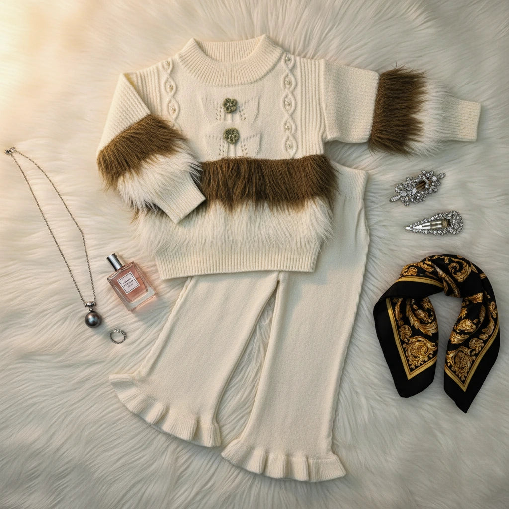 Ivory Knit Faux Fur Accent Set with Sage/Khaki Trim