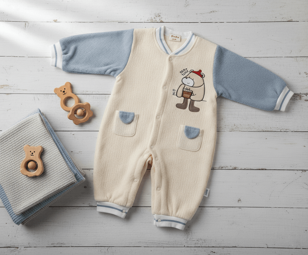 Cute Bear Beige & Blue Imported Baby Romper-Soft Wool Fabric
