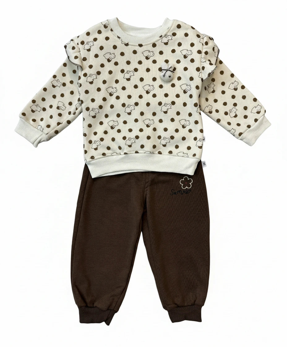 Designer Polka Dot Comfort: Ruffle Sweatshirt & Mocha Jogger Set