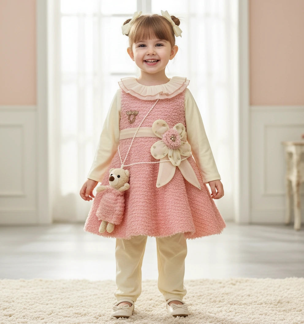 Designer Teddy Chic: Bouclé Dress, Blouse & Legging Trio Set
