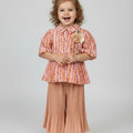 Designer Peach Bloom: Peplum Blouse & Sunset Pleated Palazzo Set
