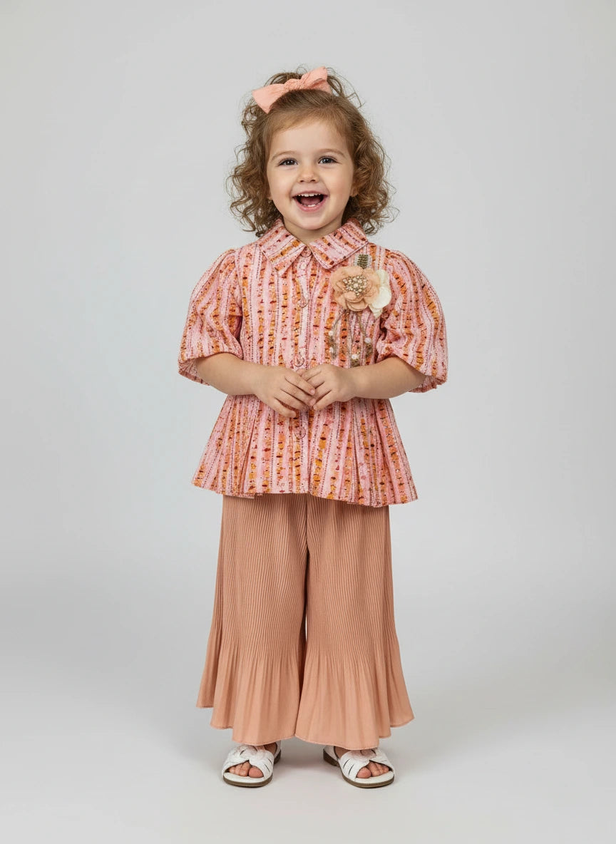 Designer Peach Bloom: Peplum Blouse & Sunset Pleated Palazzo Set