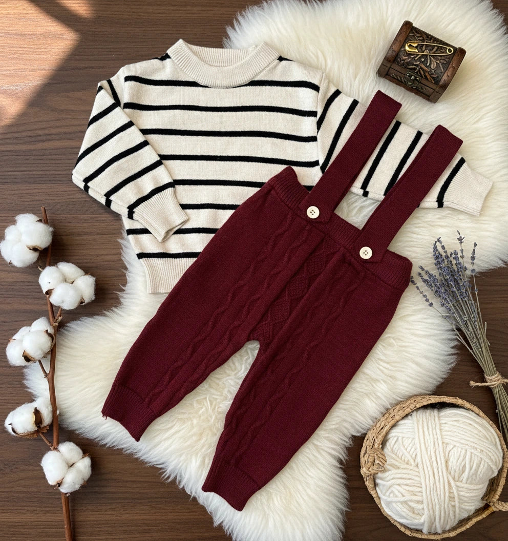 Vintage Charm Knit Set: Stripe Sweater & Cable Dungarees