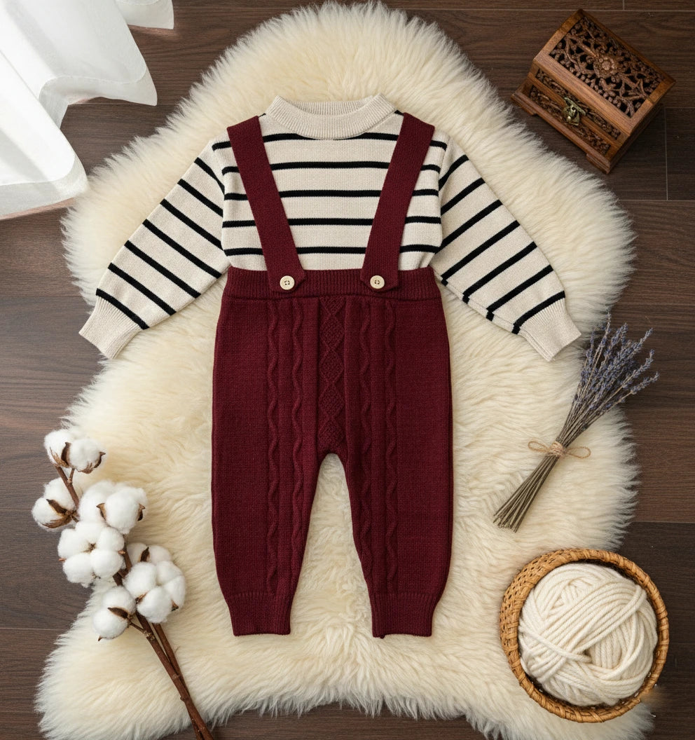 Vintage Charm Knit Set: Stripe Sweater & Cable Dungarees