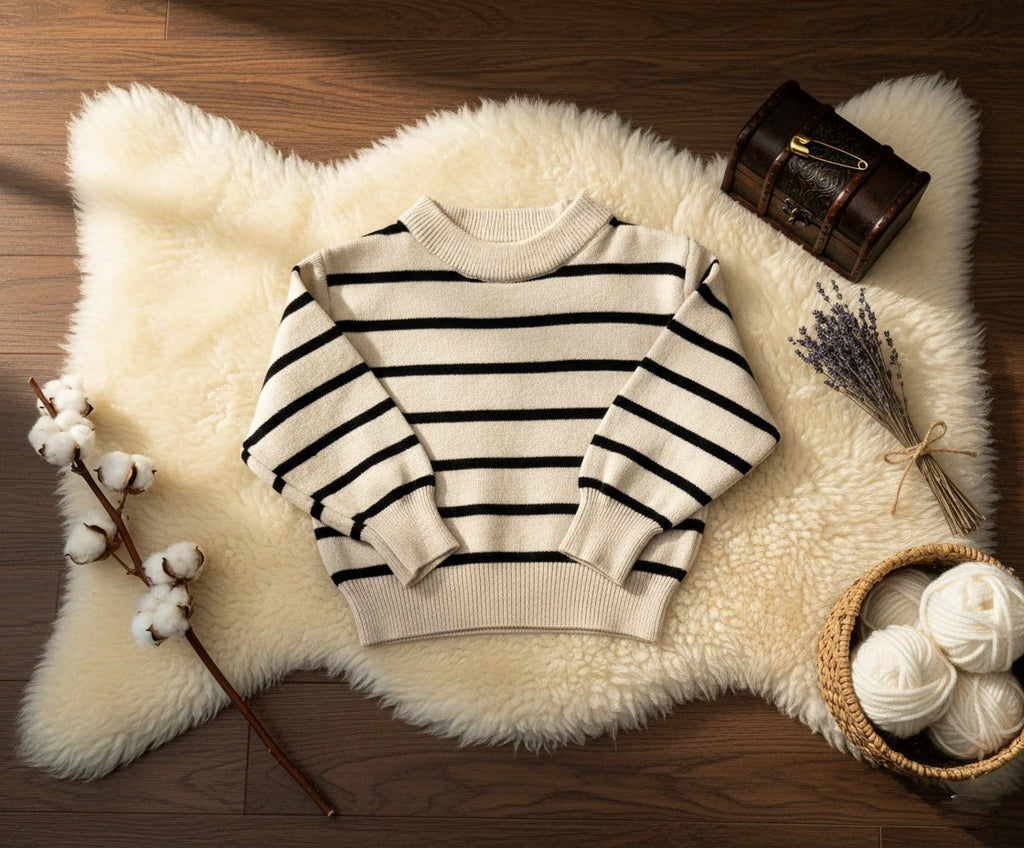 Vintage Charm Knit Set: Stripe Sweater & Cable Dungarees