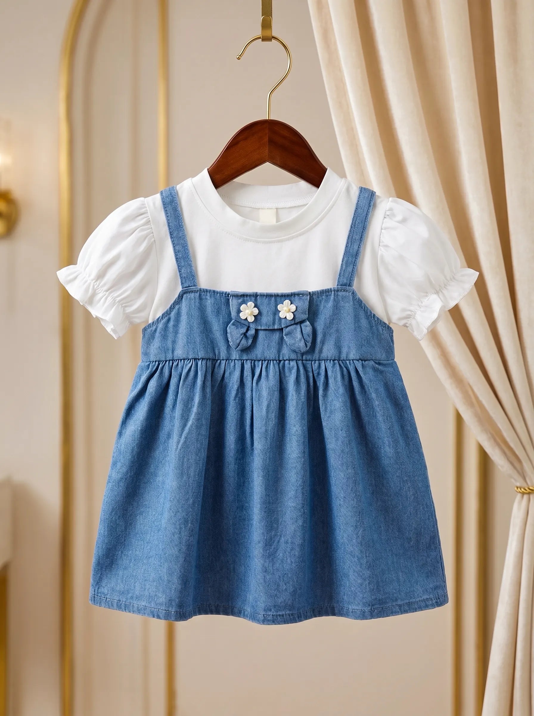 Premium Denim Pinafore & Puff-Sleeve Top Set