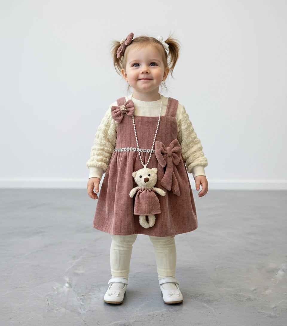 Elegant Rosewood Teddy: Corduroy Dress, Textured Blouse & Legging Trio Set