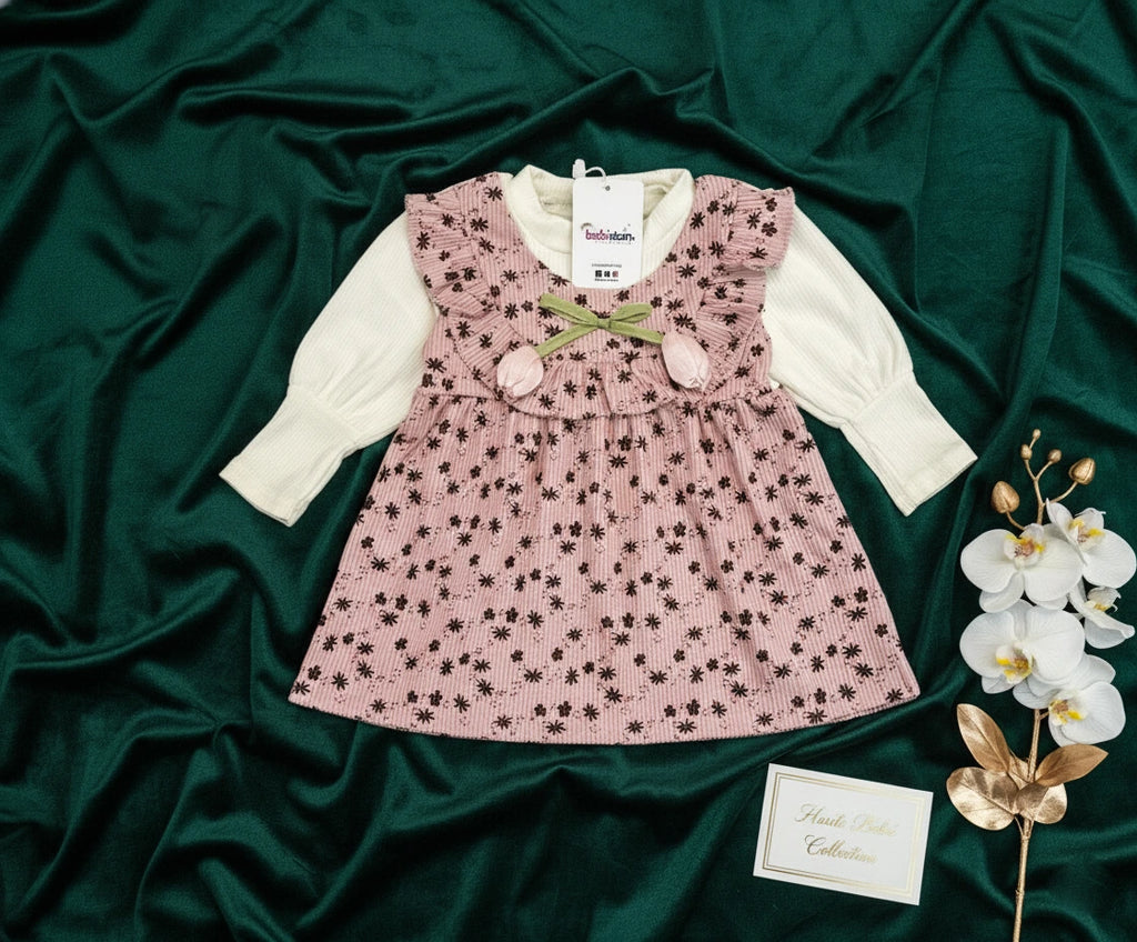 Imported Two-in-One Corduroy Frock with Ruffled Bib