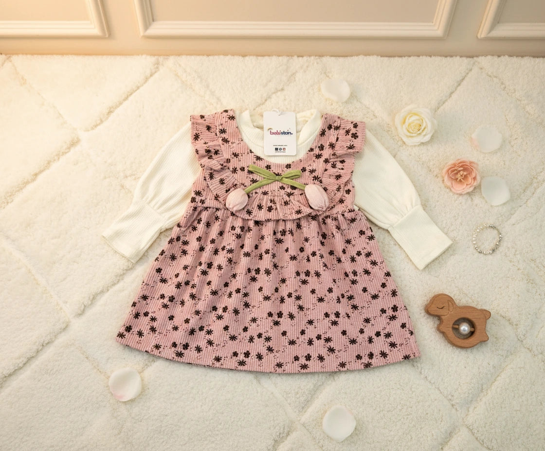 Imported Two-in-One Corduroy Frock with Ruffled Bib