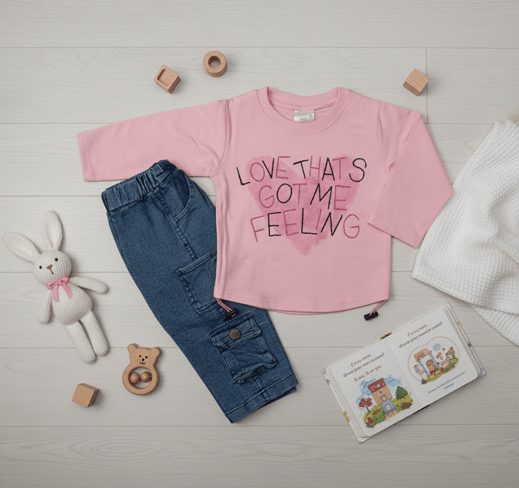 Girls Full Sleeves Cotton Pink Top with Denim Cargo Pants
