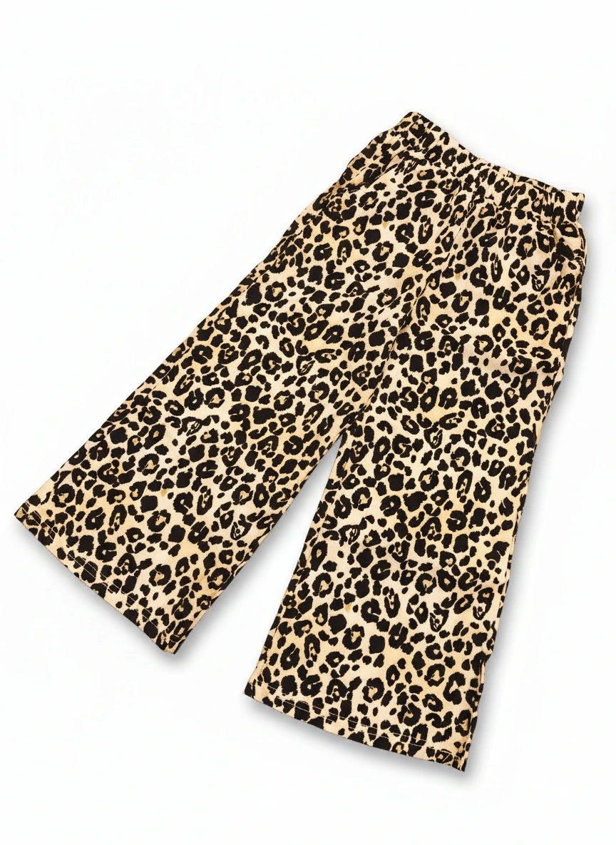 Girl's Chic Leopard Print Two-Piece Set - Jersey Top & Flowing Silk Pants