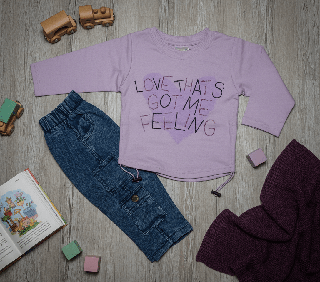 Girls Full Sleeves Cotton Purple Top with Denim Cargo Pants
