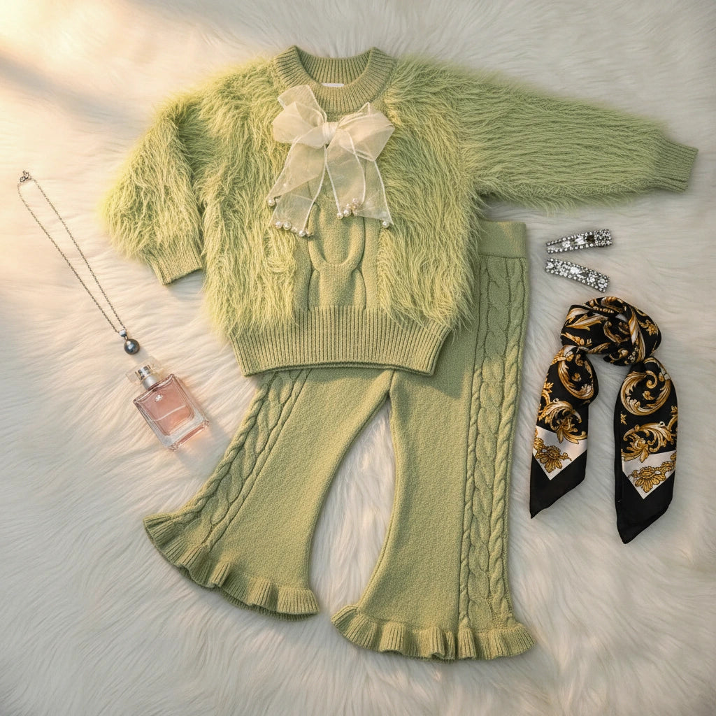 Vibrant Lime Green Shaggy Knit Sweater and Flared Pants Set