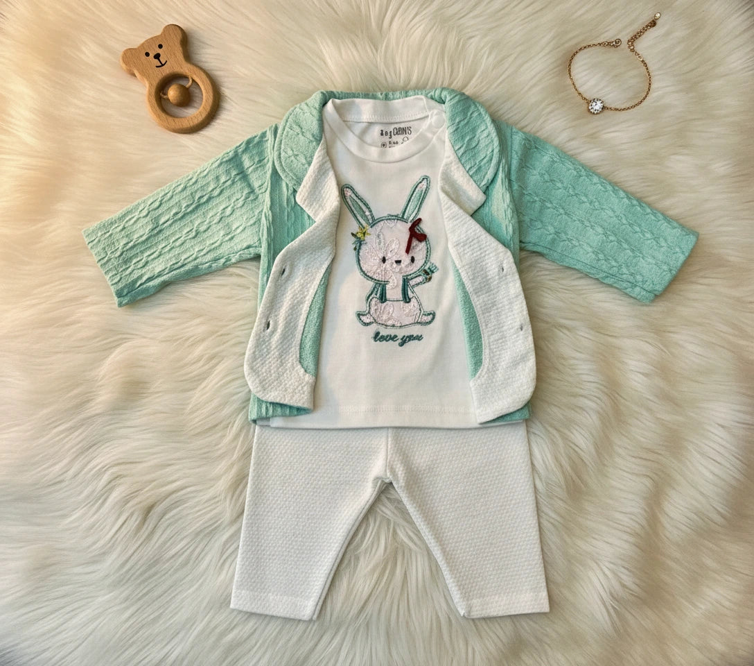 3-Piece Ultra Soft Waffle-Knit Baby Sweater Set – Aqua & White