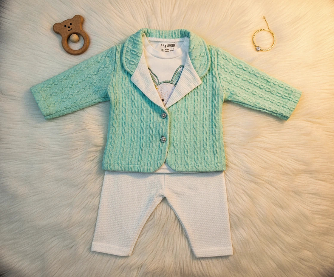 3-Piece Ultra Soft Waffle-Knit Baby Sweater Set – Aqua & White