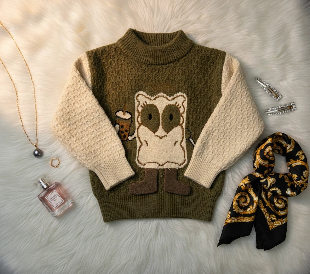 Whimsical Owl Knit Set: Forest Green & Cream Two-Piece