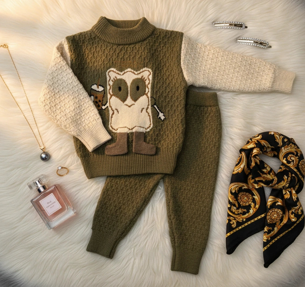 Whimsical Owl Knit Set: Forest Green & Cream Two-Piece