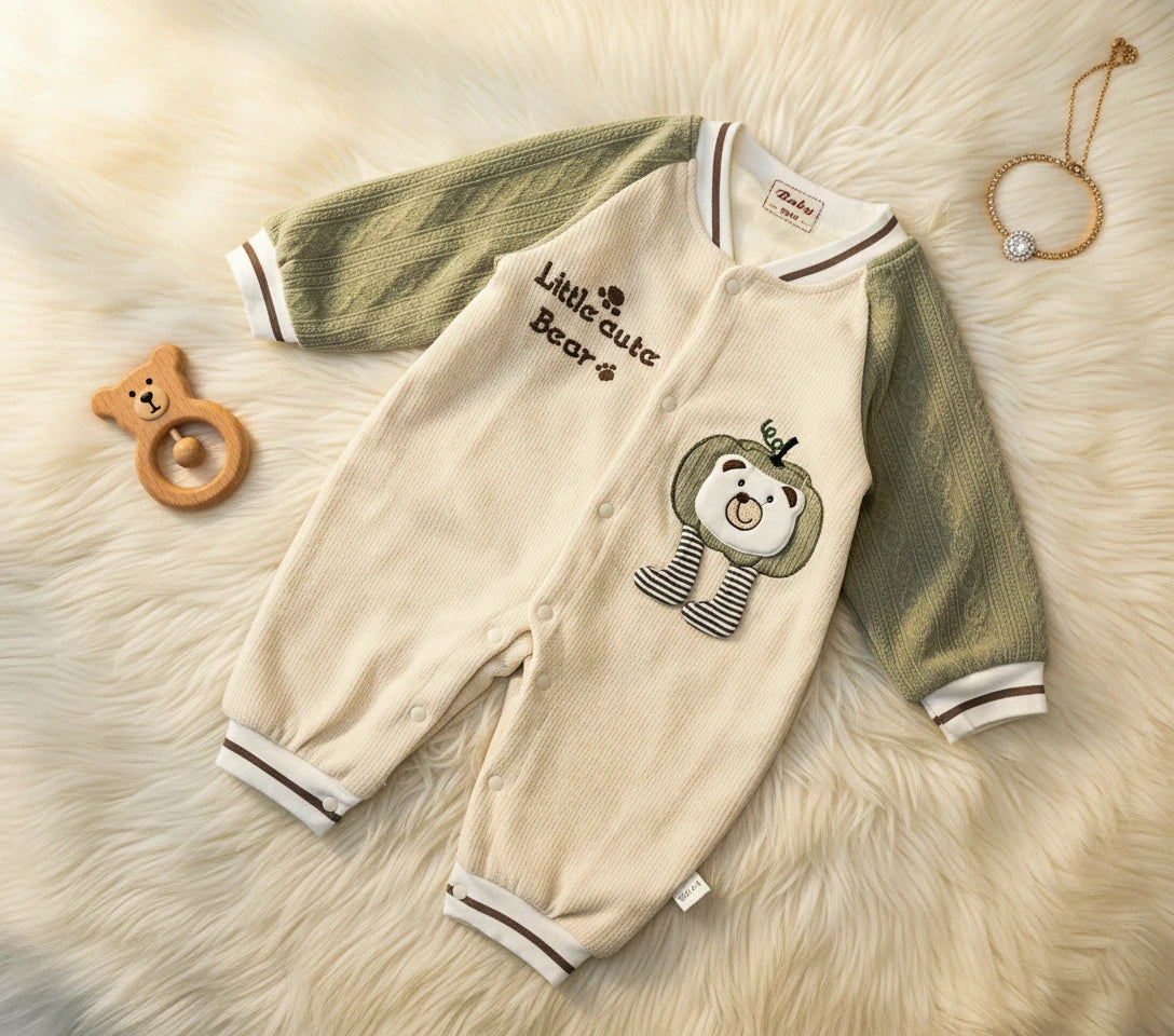 Cute Bear Beige & Green Imported Baby Romper-Soft Wool Fabric