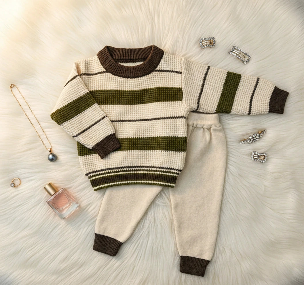 Forest Stripe Knit Set: Classic Cream & Olive Two-Piece
