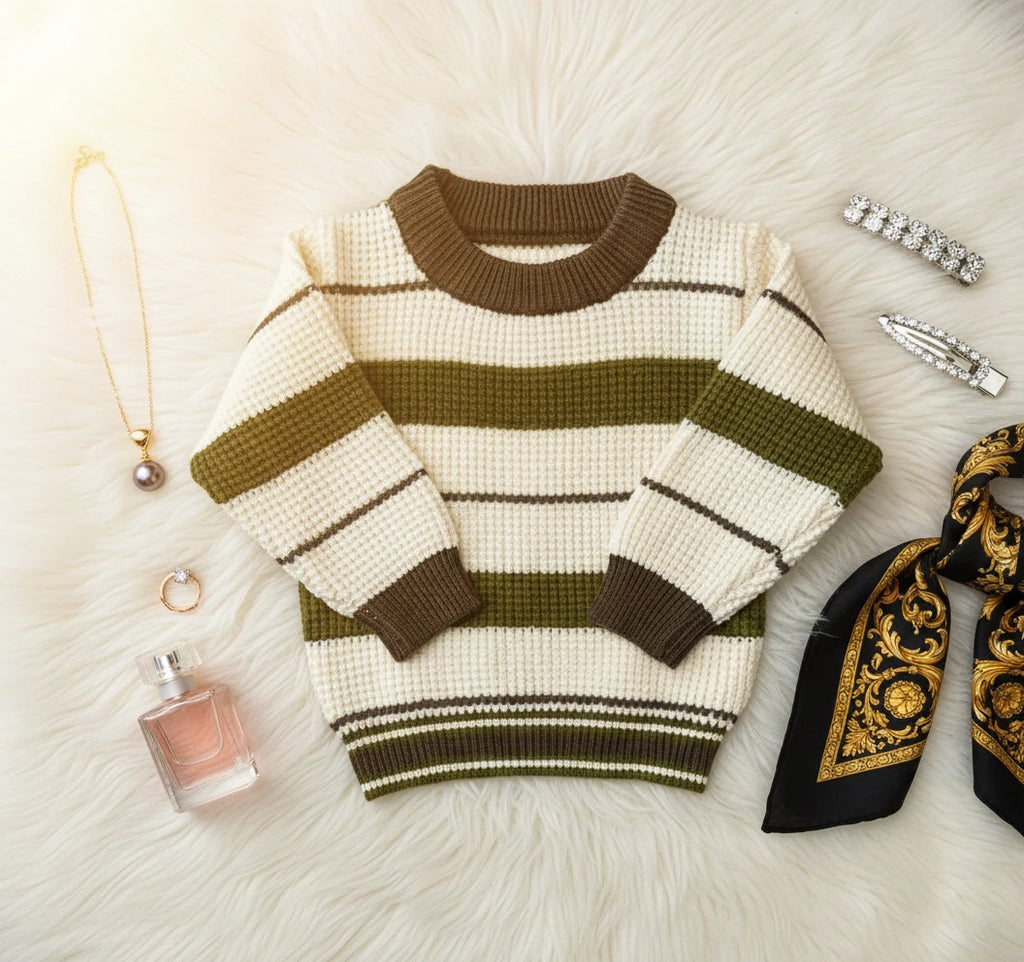 Forest Stripe Knit Set: Classic Cream & Olive Two-Piece