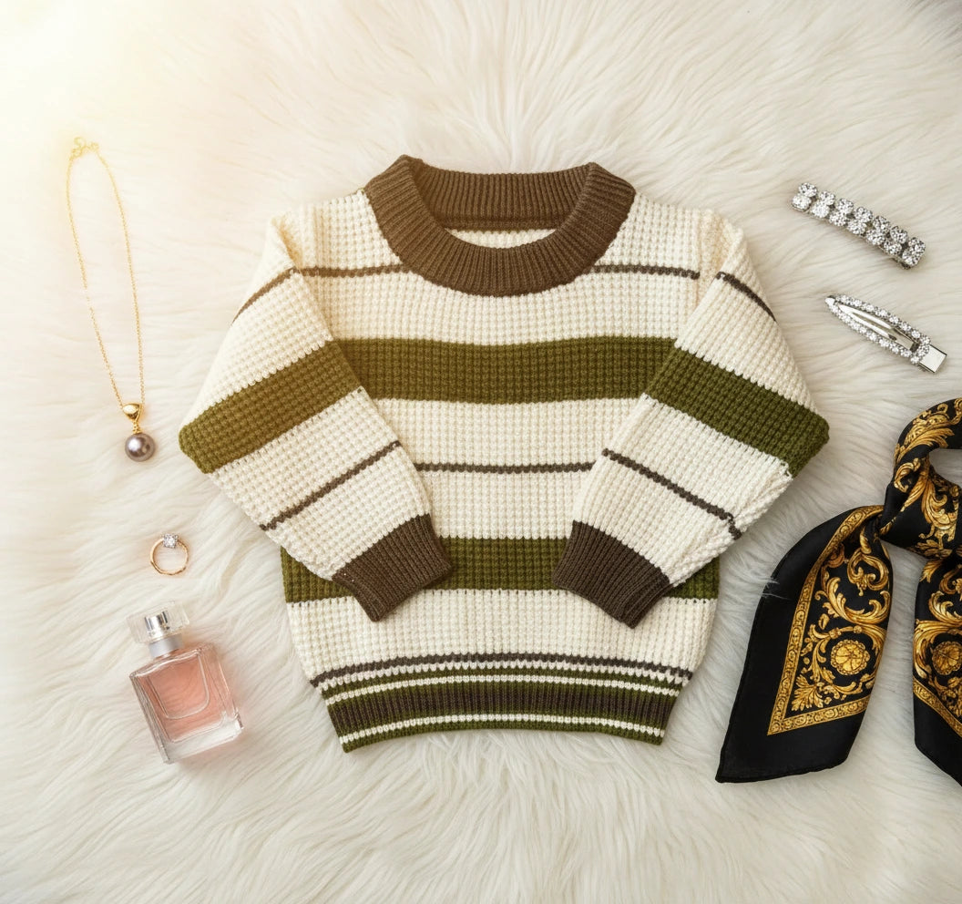 Forest Stripe Knit Set: Classic Cream & Olive Two-Piece