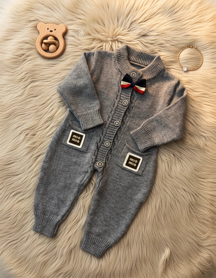 Luxury Grey Wool Knit Baby Romper with Bow Tie