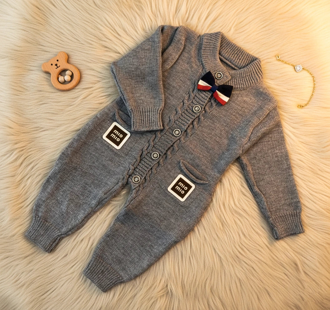 Luxury Grey Wool Knit Baby Romper with Bow Tie