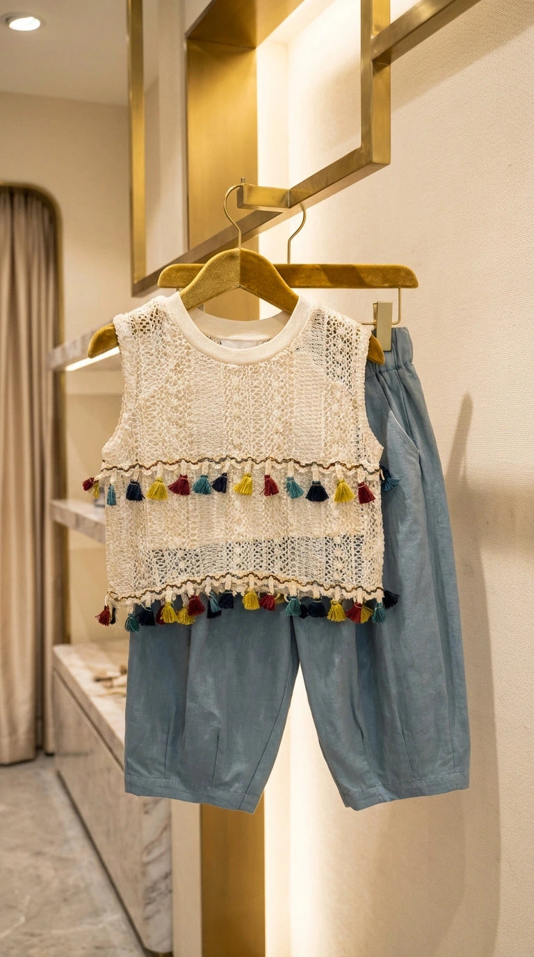 Boho Lace Tassel Top & Blue Bloomers Set