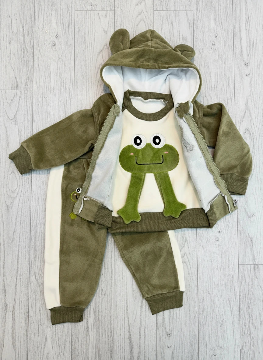 3-Piece Velvet Frog Hoodie, Sweatshirt & Pants Set