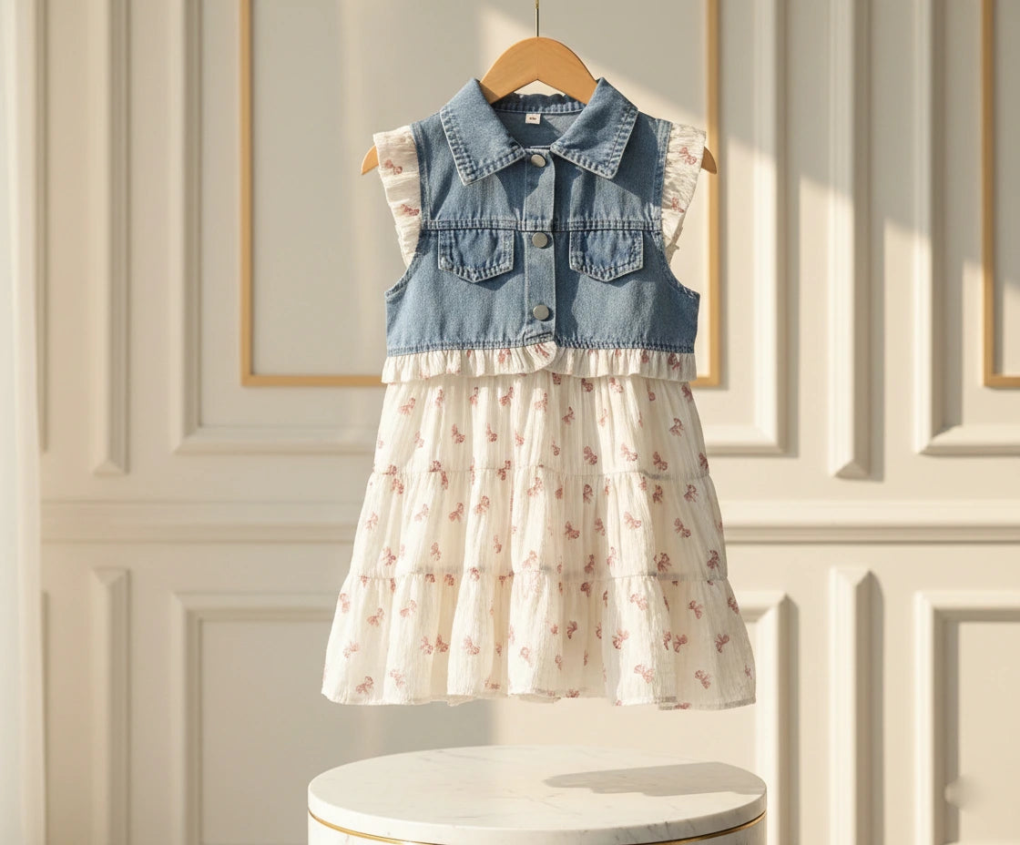 Denim Vest & Bow-Print Tiered Dress Set